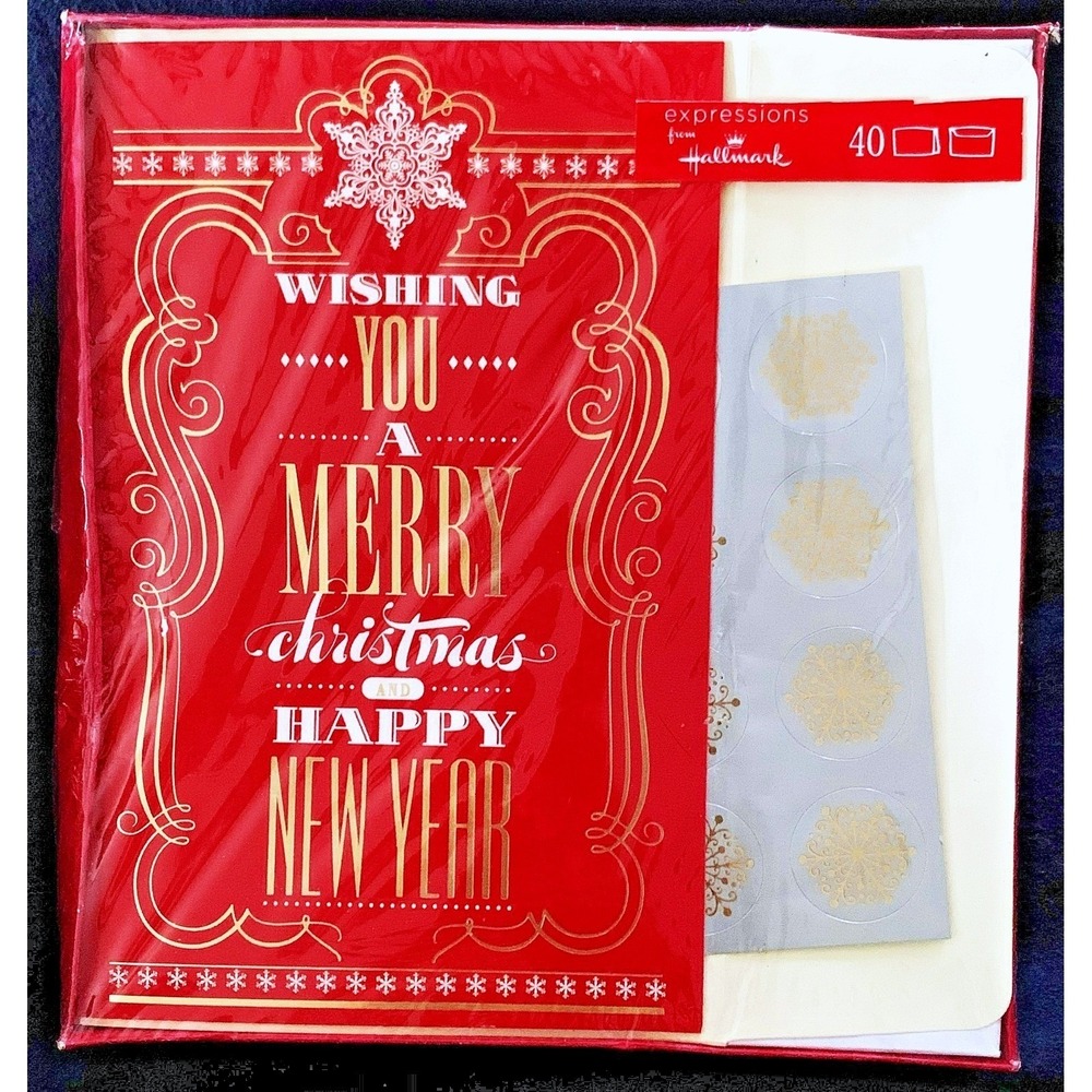 Hallmark 40 ct Merry Christmas Cards Gold Red Old Type Script Seals ENV 5x8 NOS